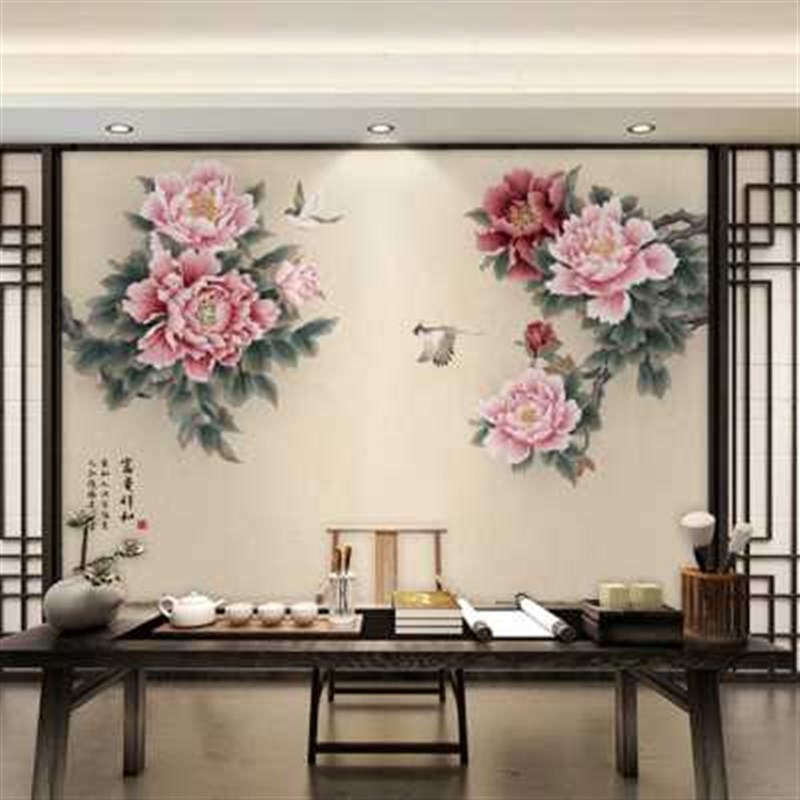 牡丹壁布古典花鸟国画o墙纸客厅电视背景墙壁纸新中式墙布花开富