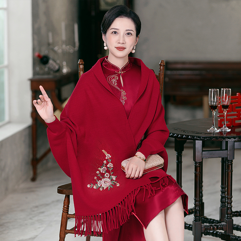 羊绒刺绣外搭喜婆婆配旗袍披肩妈C妈婚庆礼服斗篷婚宴有袖秋冬外