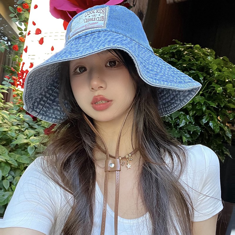韩版贴布牛仔渔夫帽女复古水洗大帽檐F盆帽显脸小遮阳防晒帽春秋