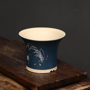 陈志云紫砂兰花盆无求刻绘原矿翠盖荷宋梅绿云植物收藏高档桌面盆