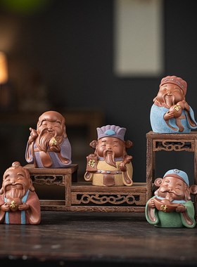 创意五福紫砂工艺品摆件办公室装饰玄关电视柜店铺开业乔迁送礼品