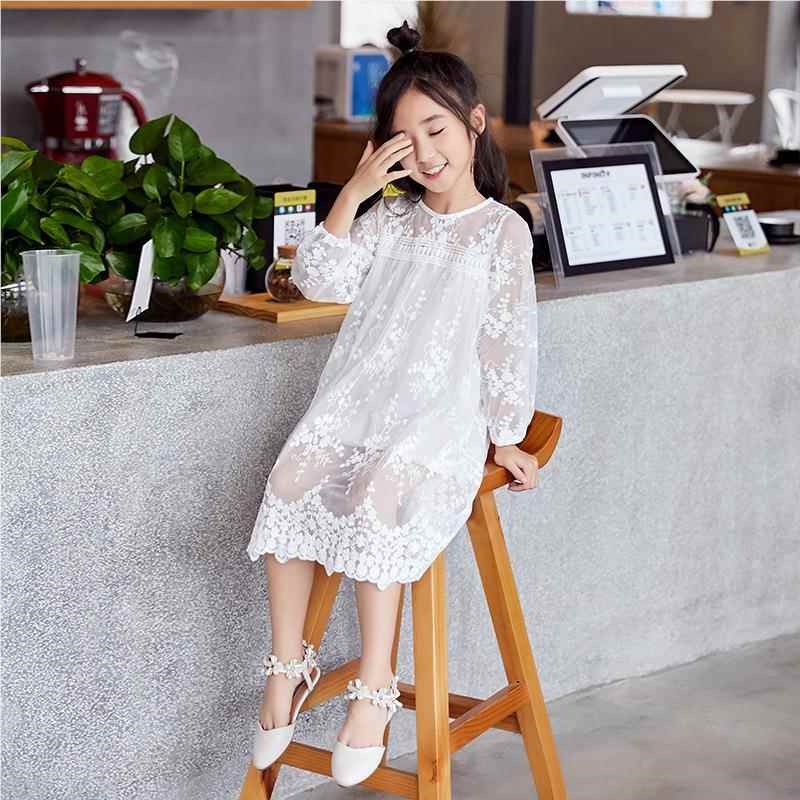高品质~韩版女i童白色蕾丝连衣连衣裙