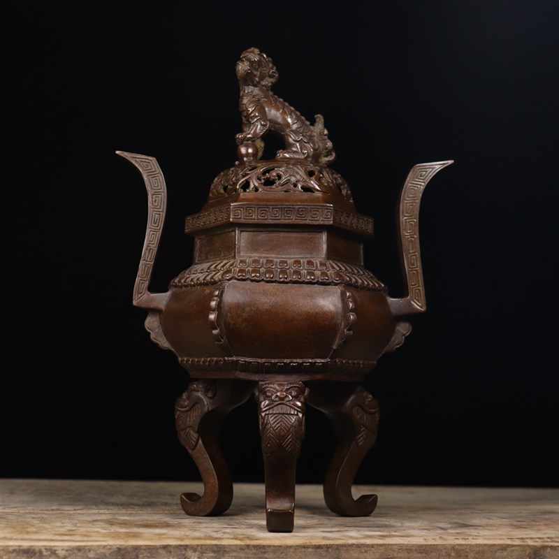 紫铜熏香炉摆件纯铜朝冠耳狮钮四足薰炉狮盖兽足香炉复古