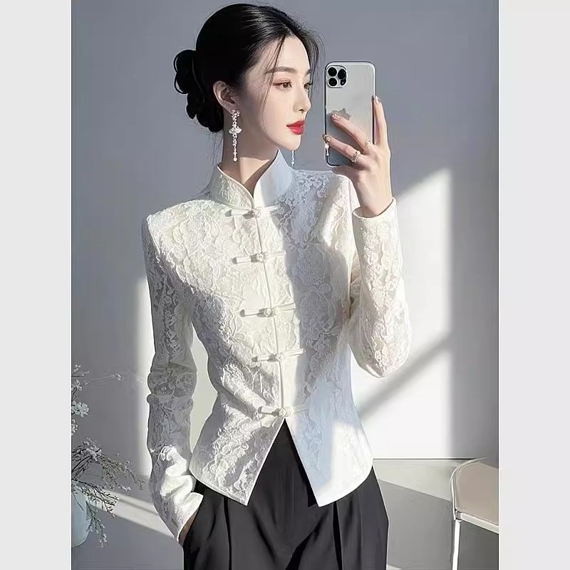 新中式立领蕾丝拼接白色衬衫轻奢高级感国风盘Q扣超好看正肩小上