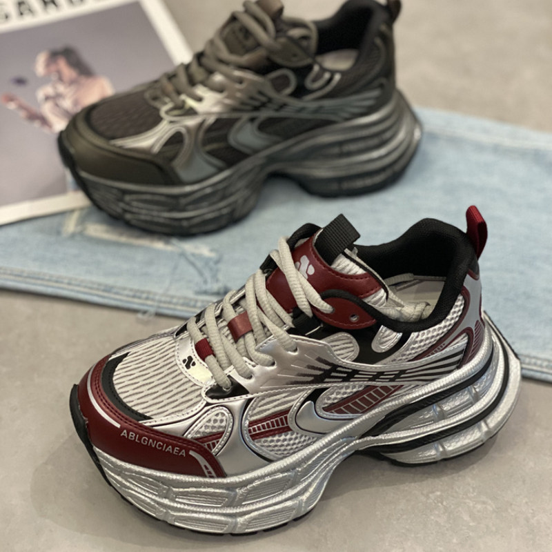时尚休闲透气老爹鞋女2024新厚B底增高圆头系带百搭韩版爆款运动