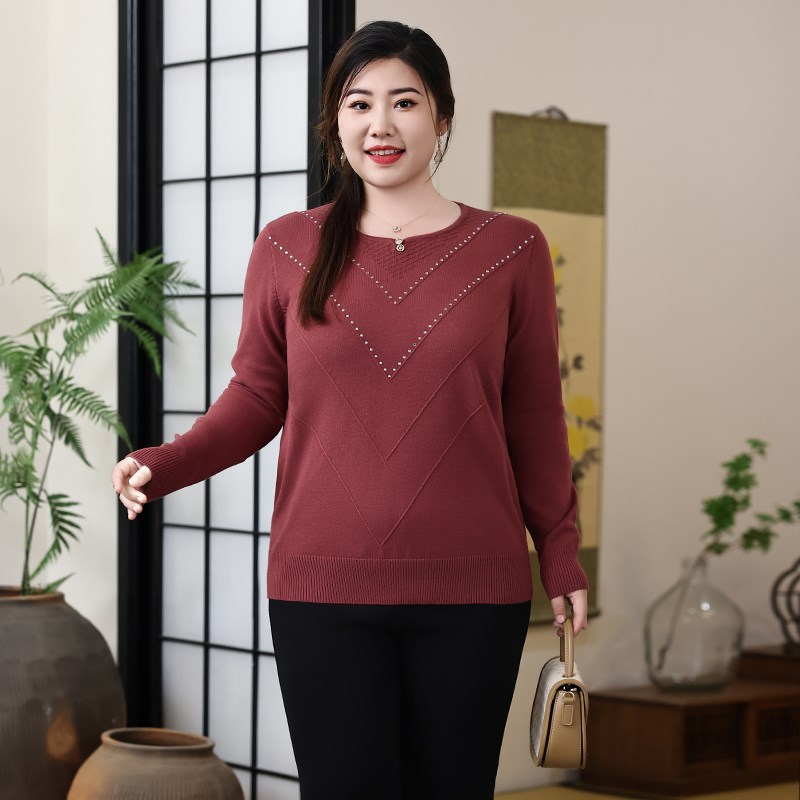 大码春季套头毛衣胖mm加肥显瘦时尚烫钻妈妈洋气内搭长.袖针织上