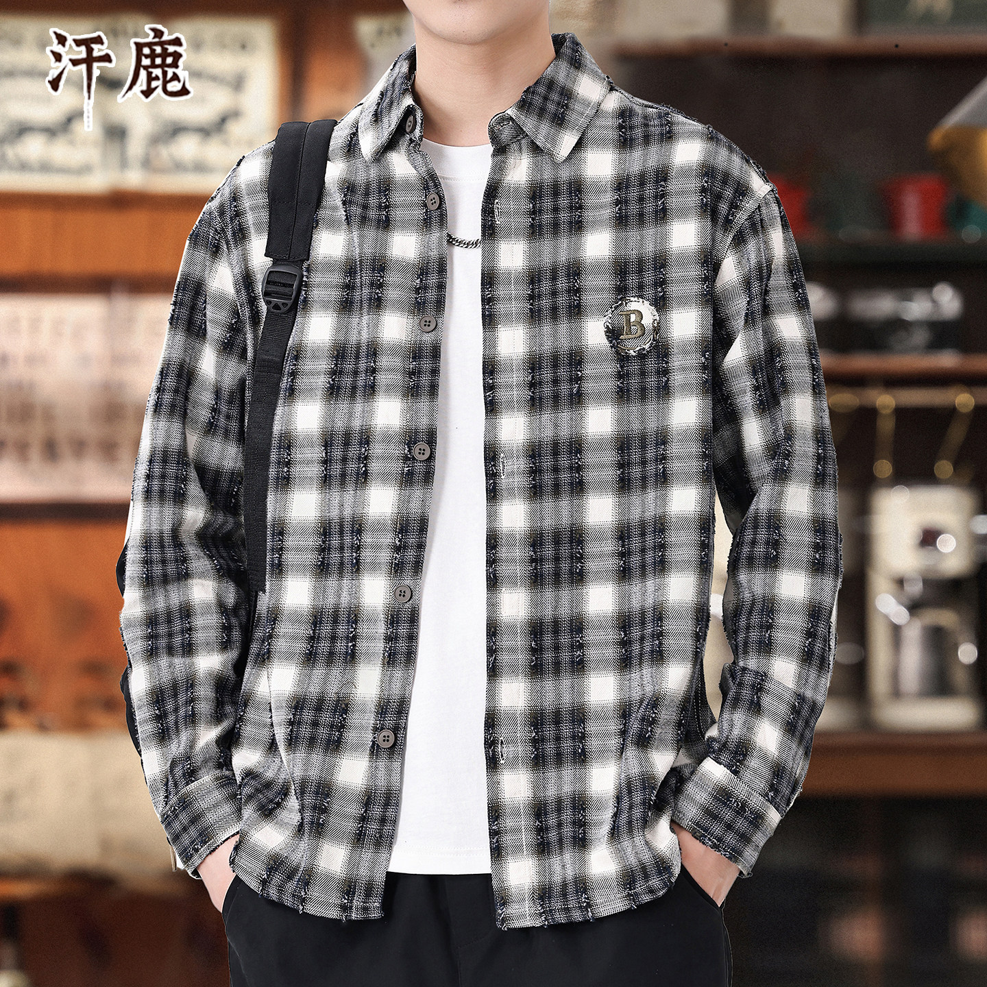 优雅汗鹿复古港风格子衬衫男长袖宽松大码潮流百搭衬衣外套上衣男