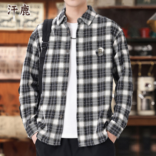 宽松大码 男长袖 潮流百搭衬衣外套上衣男 子衬衫 优雅汗鹿复古港风格