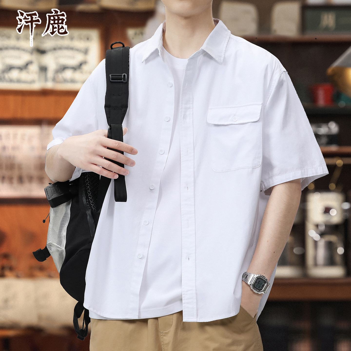 日系纯棉短袖衬衫男夏季休闲衣服
