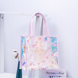 驴淘PVC透明手提袋镭射包炫彩手提包女时尚卡通便携大容量单肩包