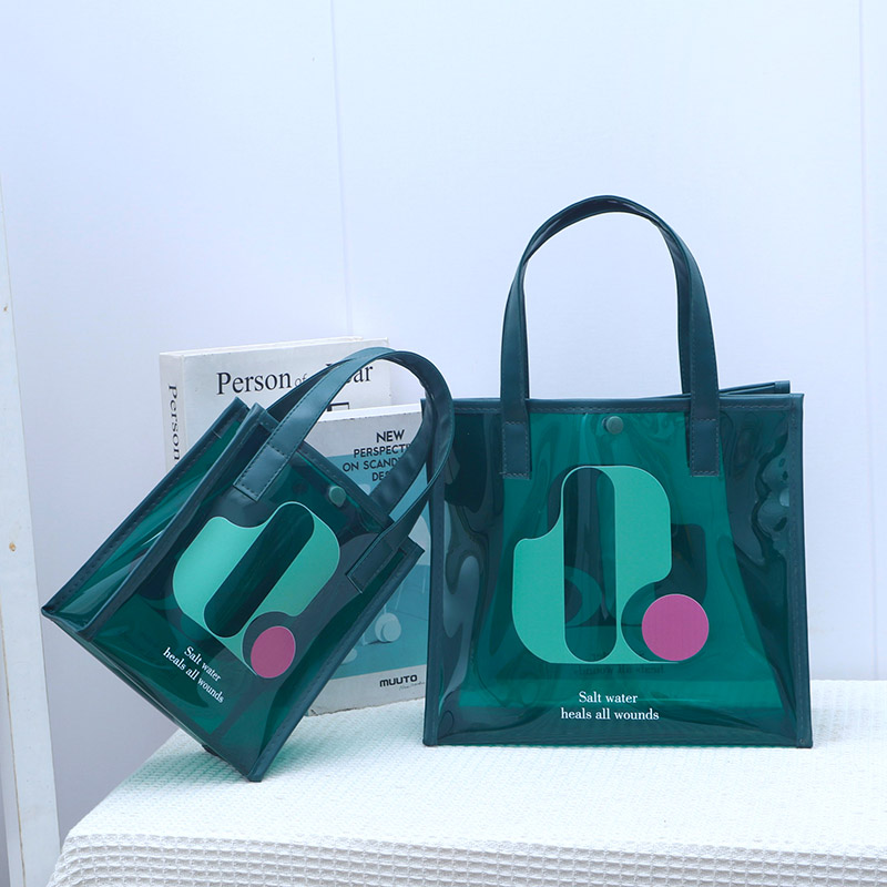 驴淘新款手提袋简约时尚休闲透明包绿色字母PVC手提包学生上班包