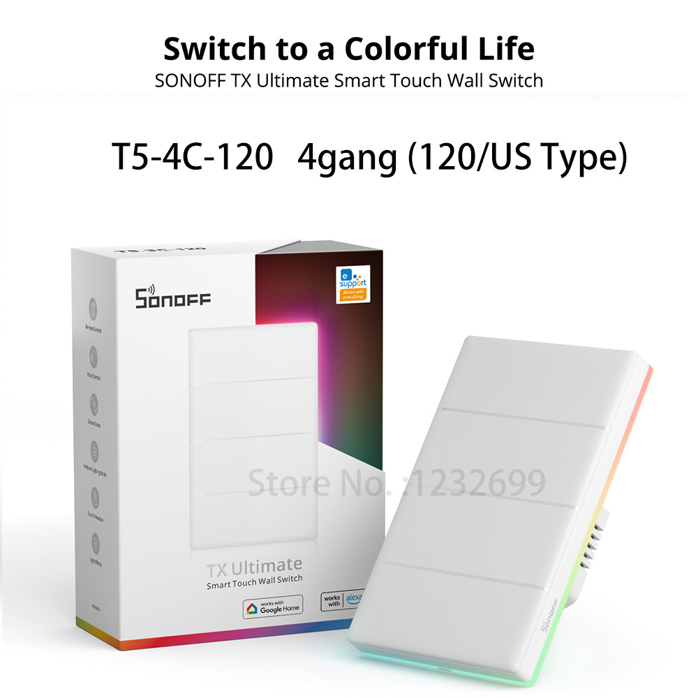 SONOFF T5-4C-120 WiFi易微联智能开关零火触摸开关 美规语音
