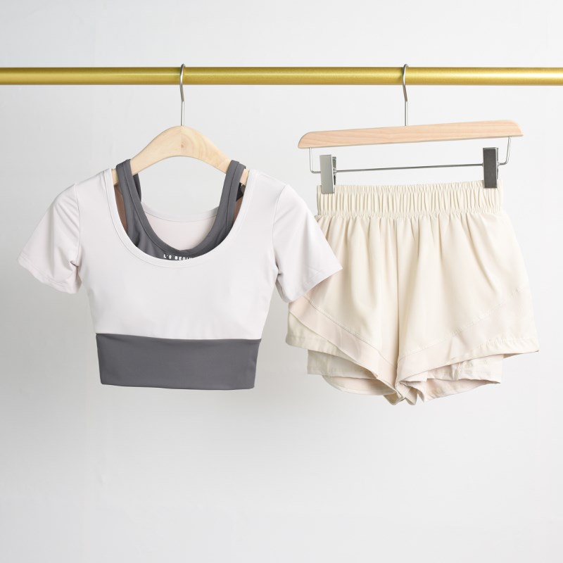 运动套装女短款露脐瑜伽服跑步训练速干健身服短袖V短裤两件套夏