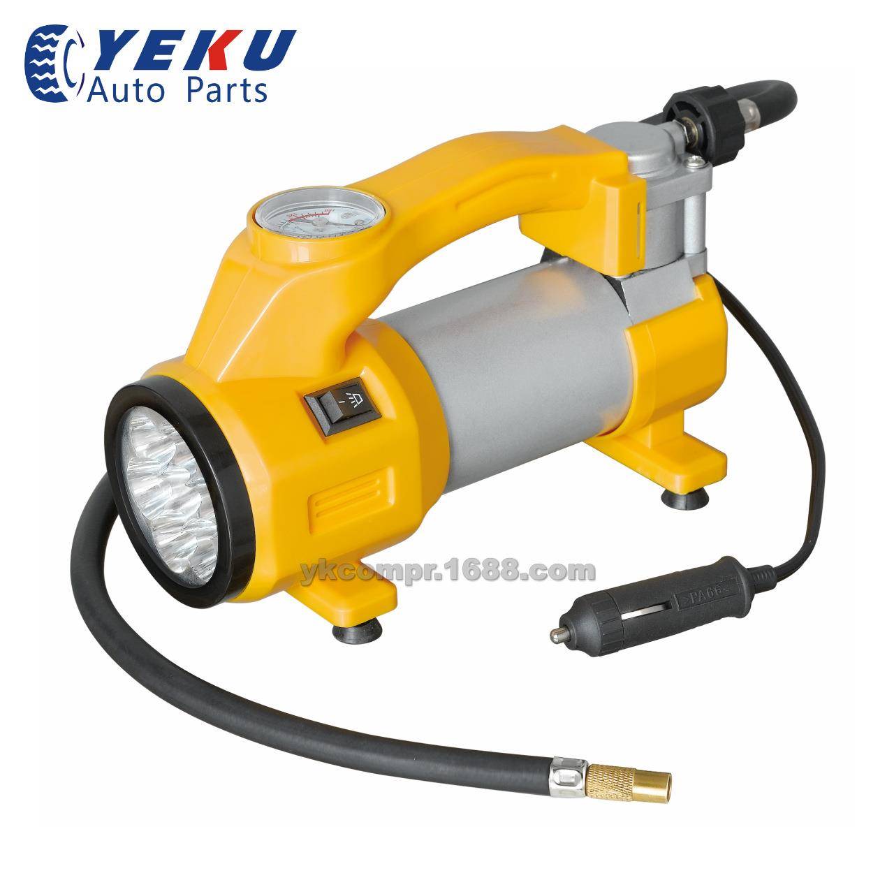 YK-20612V车载轮胎充气泵单缸超静音充气泵点烟器电瓶夹两用接头