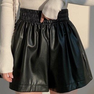 pu皮短裤女2025秋冬季新款高腰显瘦阔腿裤子黑色韩版休闲a字靴裤
