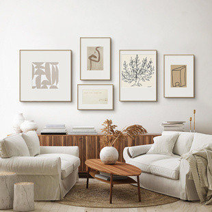 侘寂风简约原木风挂画现代马蒂斯抽象植物几何线条日系组合装 饰画