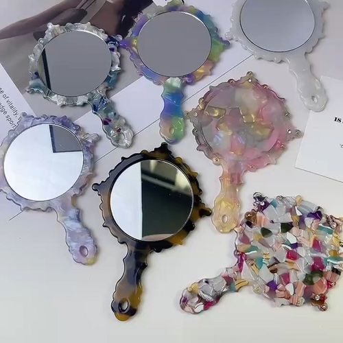 新款镶钻花纹醋酸镜子高级感便携式手柄化妆镜随身手持镜饰品