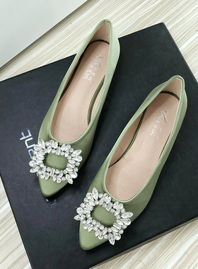 2023尖头晚晚风气质温柔水钻平底鞋法式单鞋绿色夏季女鞋子新款
