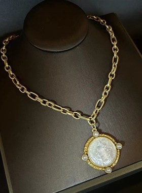 高级感复古合金高级吊坠项链优雅小众电镀贝母圆形人像颈链