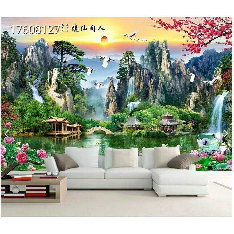 瓷砖背景墙大型山水风景画迎客松中式客厅电视背景墙砖画人间仙境