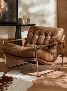 北欧复古单人沙发椅简约小户型家用客厅阳台懒人椅真皮红色休闲椅
