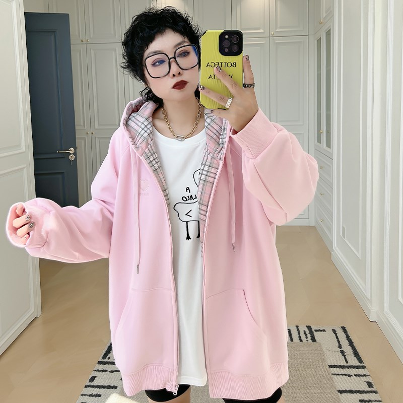 宽松拼接格连帽卫衣外套大码女装20D0斤胖mm韩系慵懒显瘦休闲开衫