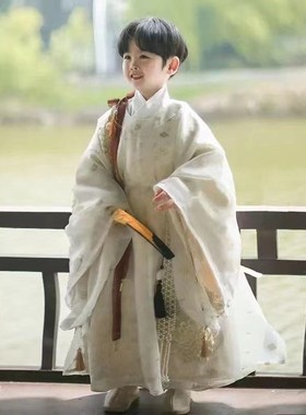 高端男童汉服白色重工r明制古装国风小童古风儿童宋唐朝灵菊刺绣