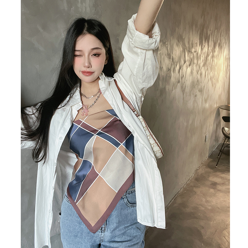 美式复古a几何拼色时尚百搭夏天头巾小丝巾方巾抹胸外穿女腰带薄