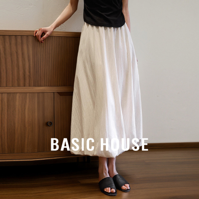 Basic House/百家好纯色气质花苞半身裙2026夏季新款高腰黑白裙子