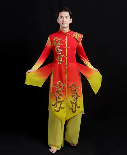 新款现代舞蹈演出服男中国风开场舞打鼓表演服装女舞旗套装红色