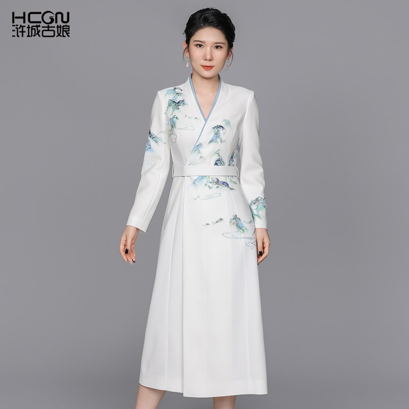国风秋白色精致刺绣女高定时装z西服裙长袖V领显瘦气质战袍连衣裙