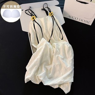 睡裙夏季 带胸垫梭织棉睡衣夏天甜美U田园风吊带连衣 女款 2024新款