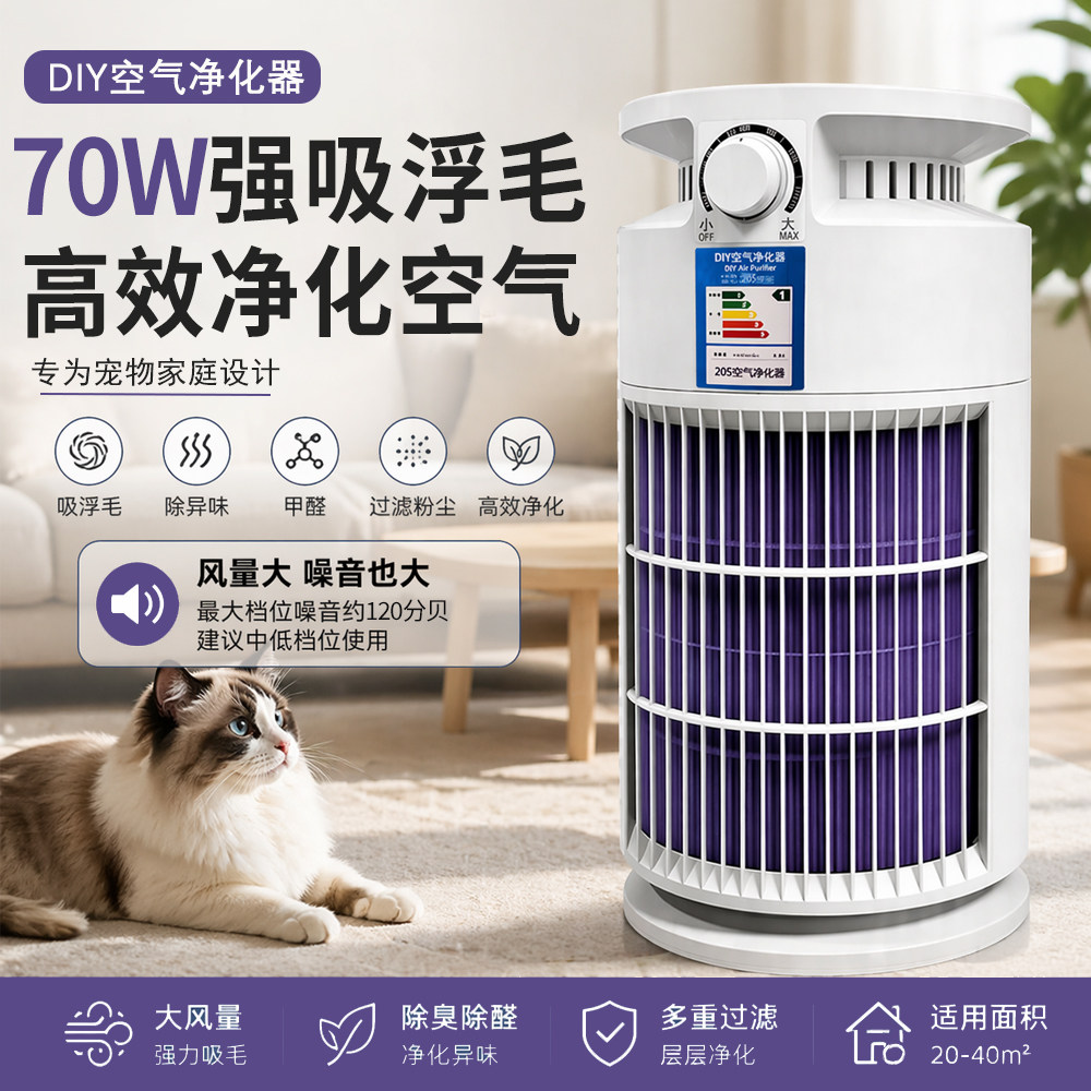 DIY空气净化器70W大功率强效除毛吸猫毛除异味室内客厅除二手烟等