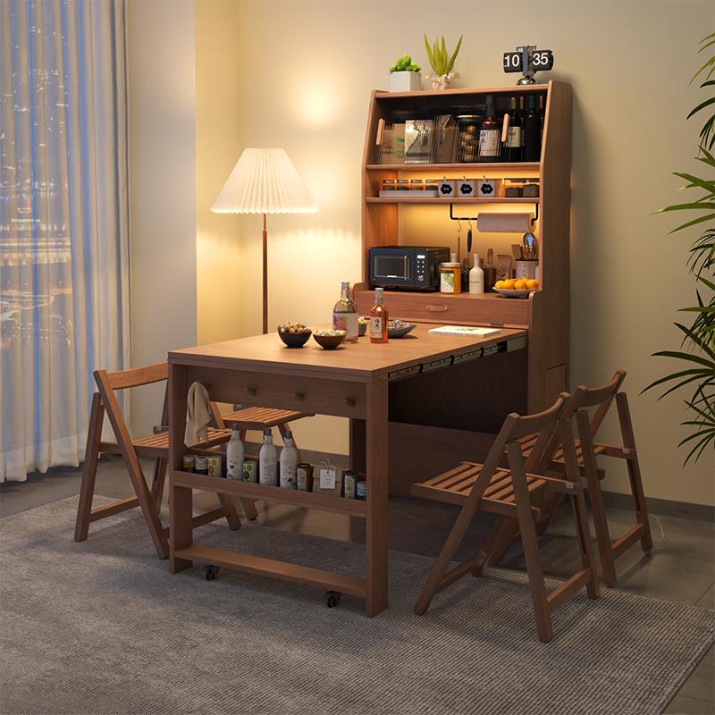 掘素实木折叠餐桌餐边柜一体家用小户型带多功能隐形可拉伸缩饭桌