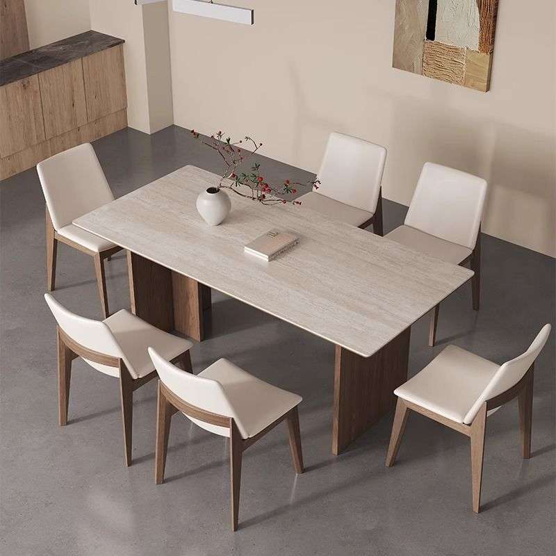 洞石岩板餐桌小户型实木白蜡木胡桃色长方形中古风现代简约家用极