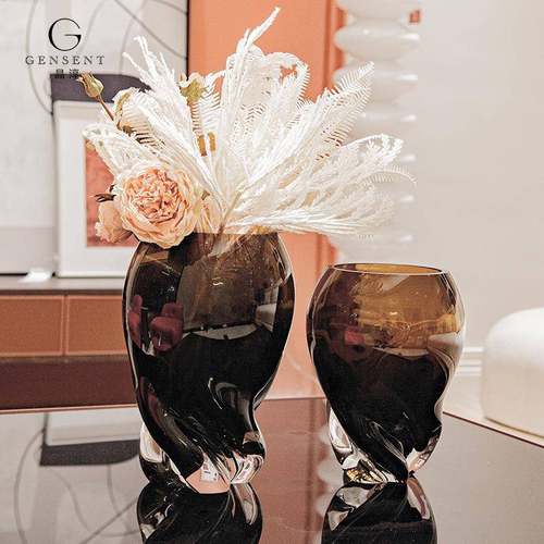 晶淳琥珀色花瓶中古风高级感轻奢水晶琉璃花器大口径样板间软装