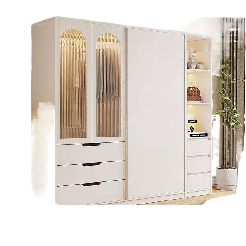 卧室儿童小户型储物实木风收纳柜家用推拉门衣柜现代简约奶油OoR