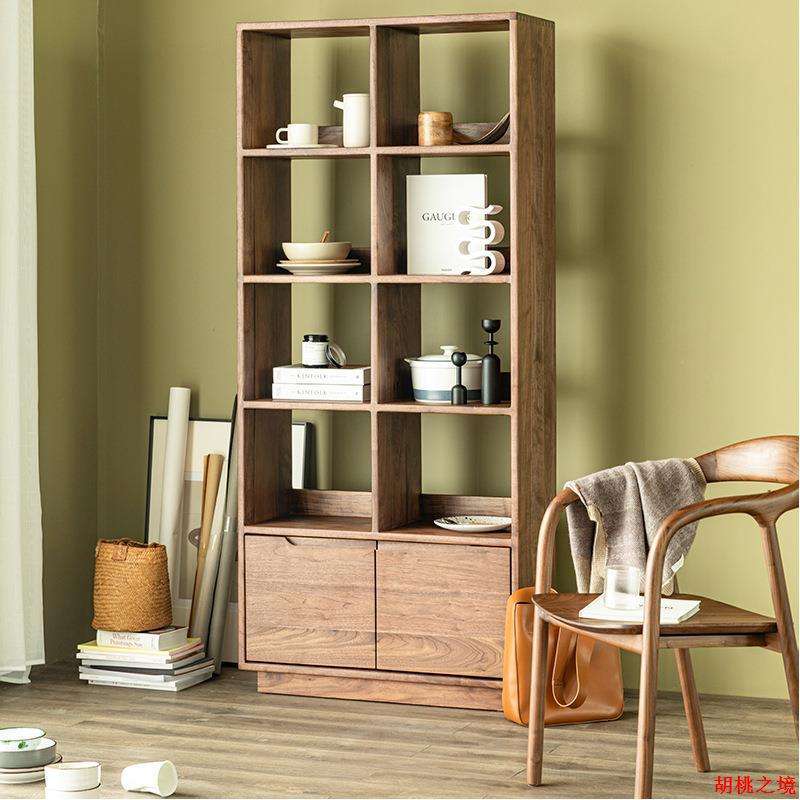 北欧落地书架简约黑胡桃木置物架日式实木书房多层展示柜组合书柜