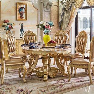 欧式大理石餐桌椅组合圆形贵族金色全实木餐台带转盘小户型吃饭桌