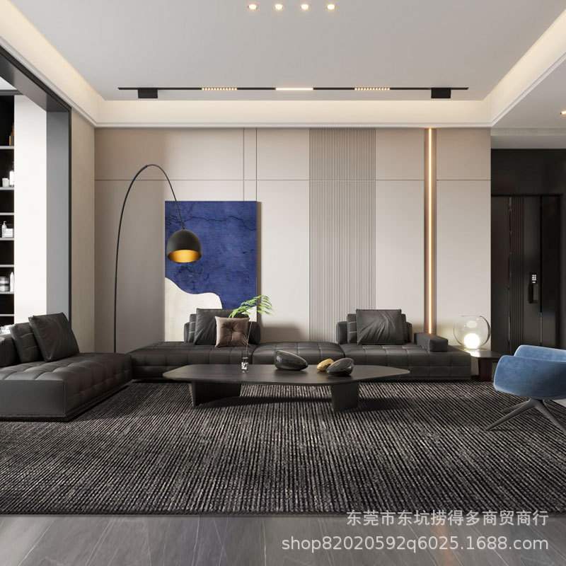 羊毛纯色地毯客厅沙发茶几现代简约高级灰卧室耐脏满铺条纹微防水