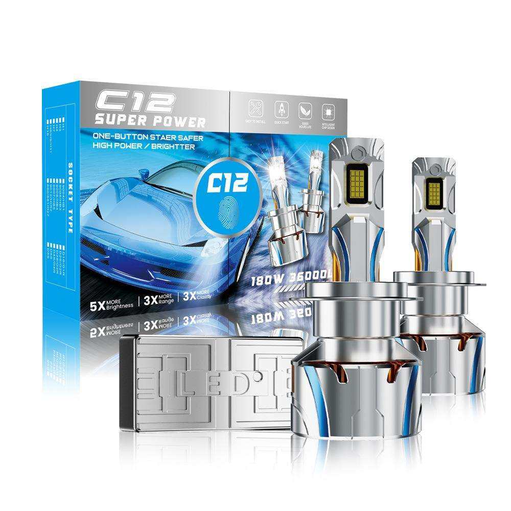 跨境新款汽车led大灯C12大功率180W改装远近光H7H4汽车大灯led灯