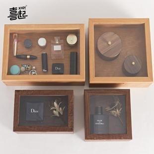 5ZV75ZV7黑胡桃实木桌面防尘收纳盒透明玻璃展示盒木质首饰标
