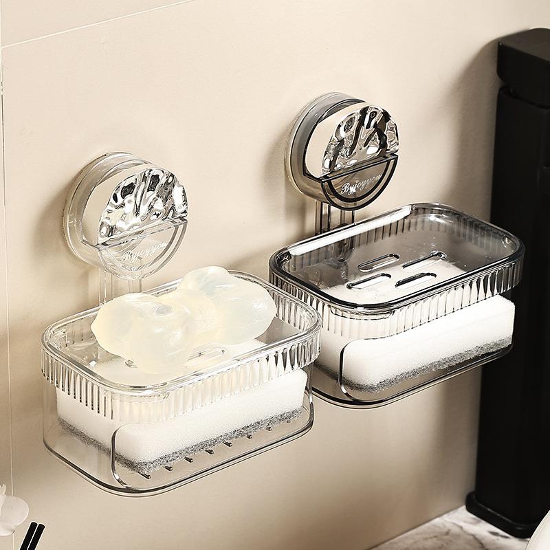 肥皂盒壁挂式免打孔吸盘家用轻奢卫生间双层香皂盒沥水置物架