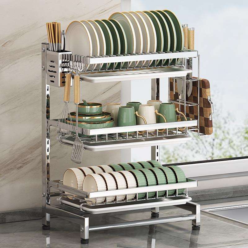 厨房不锈钢碗碟架可调节置物架免打孔碗柜放筷子碗盘子沥水收纳架