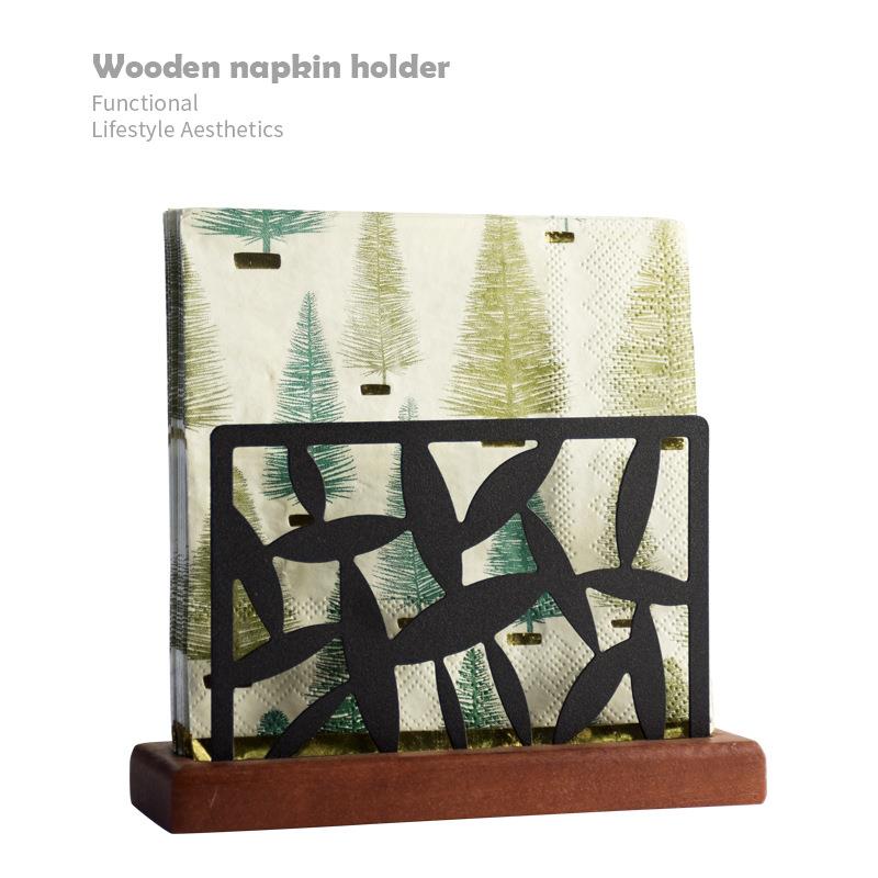 不锈钢木座纸巾架座通花黑色纸巾座牙签杯酒店餐厅桌面方巾收纳盒
