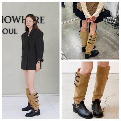 正品Atelier edition拼色车静媛麂皮多皮带扣骑士靴高筒厚底靴