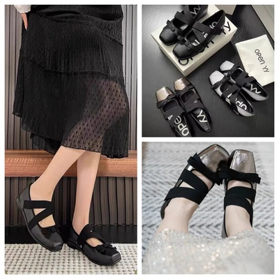 openyy芭蕾鞋2025春季新款女鞋银色运动风浅口玛丽珍鞋复古平底鞋