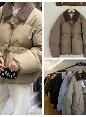 【现货】韩SELF SERVICE羽绒服2024冬季新款撞色翻领牛角扣外套