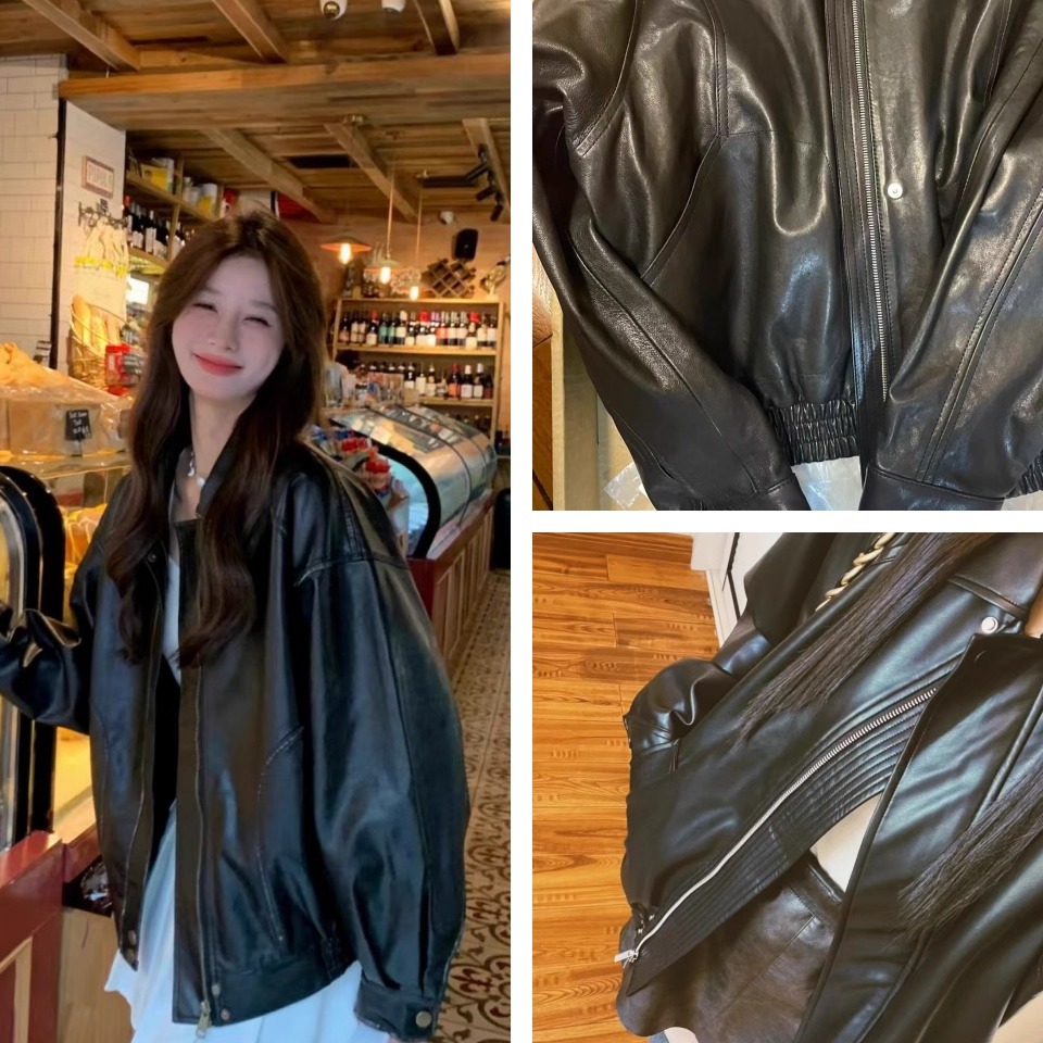 正品Ethos复古皮衣意大利进口真羊皮慵懒复古机车风夹克皮衣女