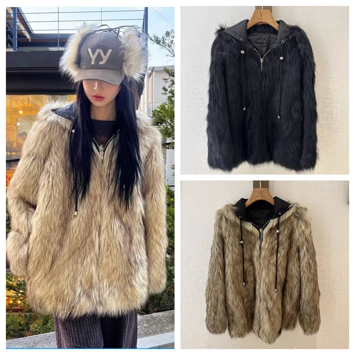正品openyy 2025秋新款毛毛正反面两穿连帽环保皮草加厚保暖外套